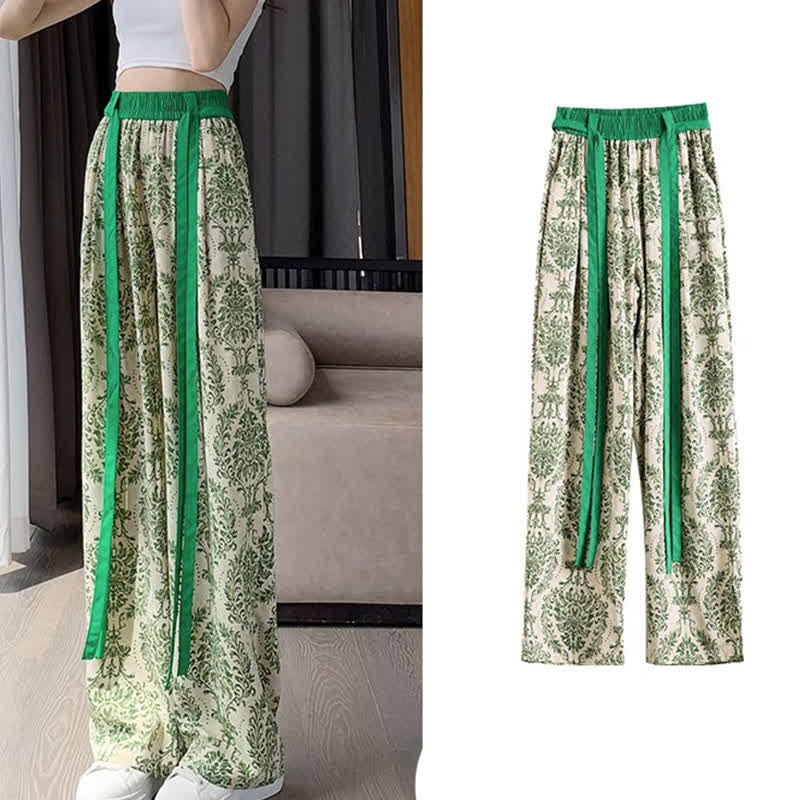 Vintage Flowers Print Chiffon Wide Leg Pants