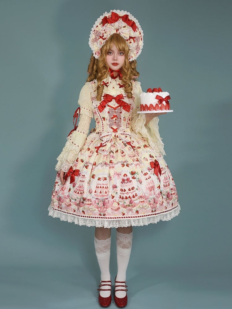 Desserts Yellow / Bow Lolita and JSK Strawberry Accents Sweet Set Full Print