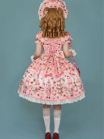 Print Dress Sweet Lolita Bow Set Pink / Accents Strawberry Cake Full