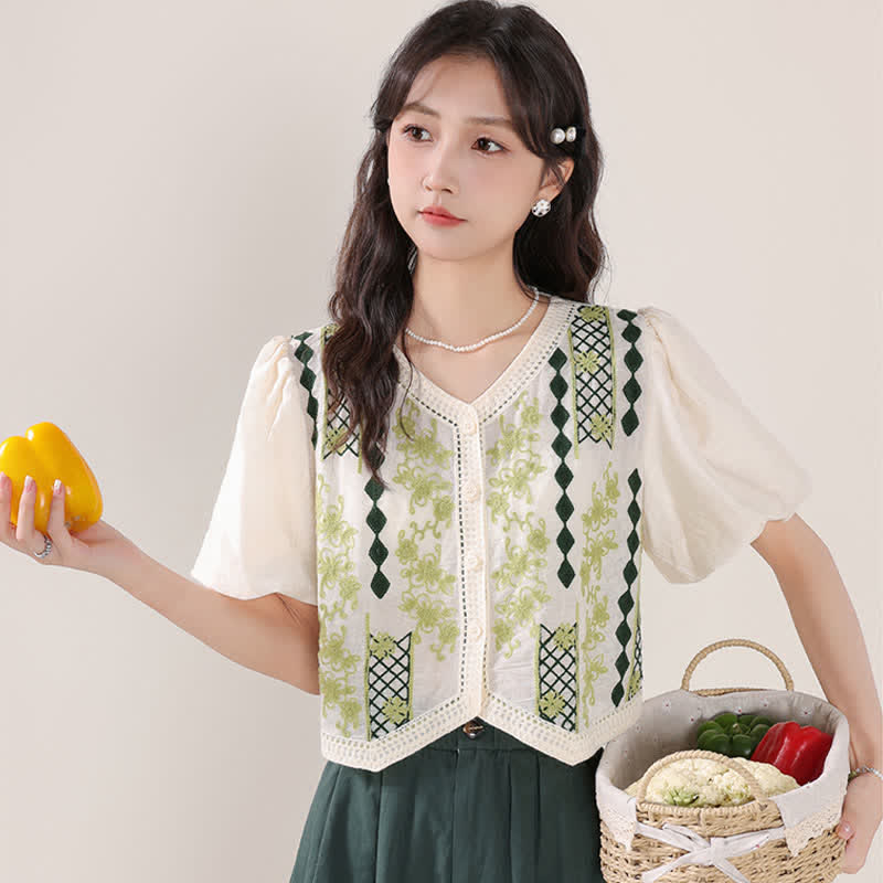 Green Graphic Embroidery Puff Sleeve T-Shirt High Waist Skirt