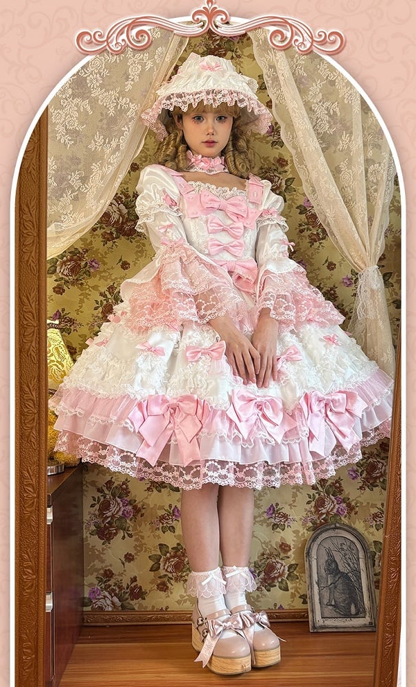 Princess Detachable with White High Sleeves Waist Accents Sweet Lolita Pink Dress Bow