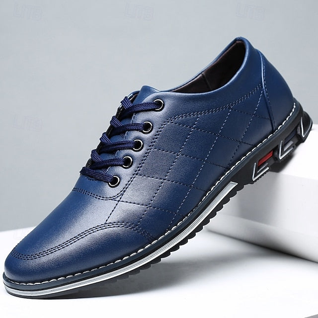 Stylish Leather Sneakers Faux Blue Quilted Lace-Up Men's -