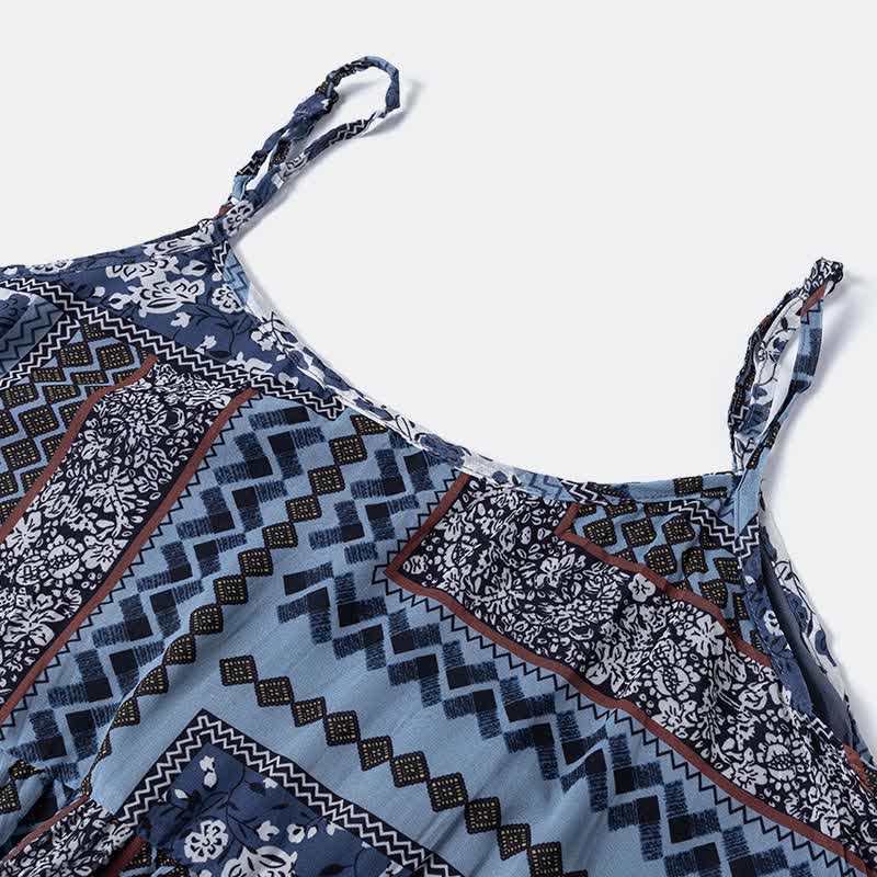 Boho Belted Crochet Hollow Out Top Vintage Floral Print Slip Dress