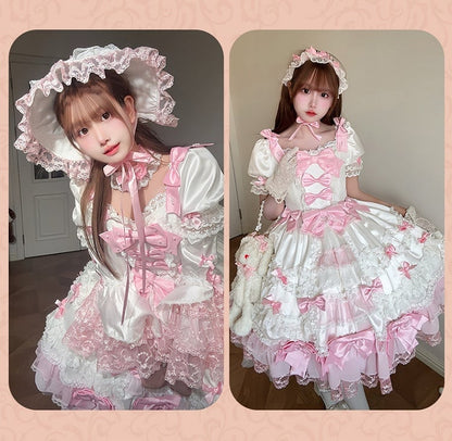 Princess Detachable with White High Sleeves Waist Accents Sweet Lolita Pink Dress Bow