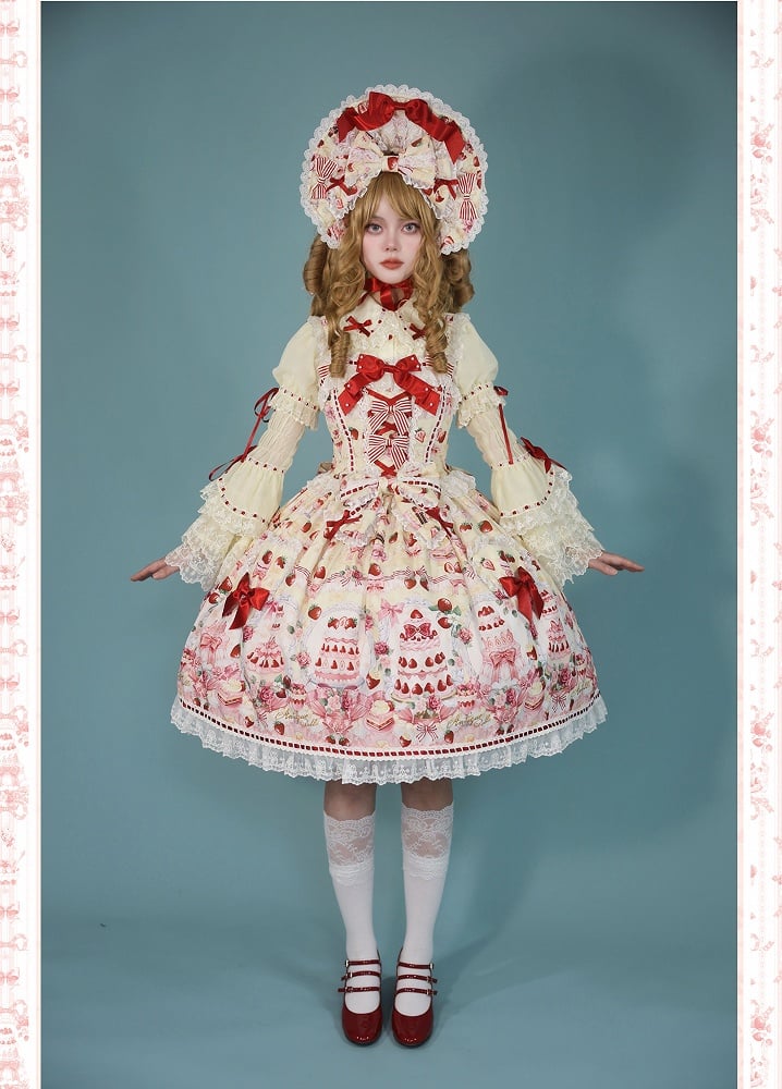 Desserts Yellow / Bow Lolita and JSK Strawberry Accents Sweet Set Full Print