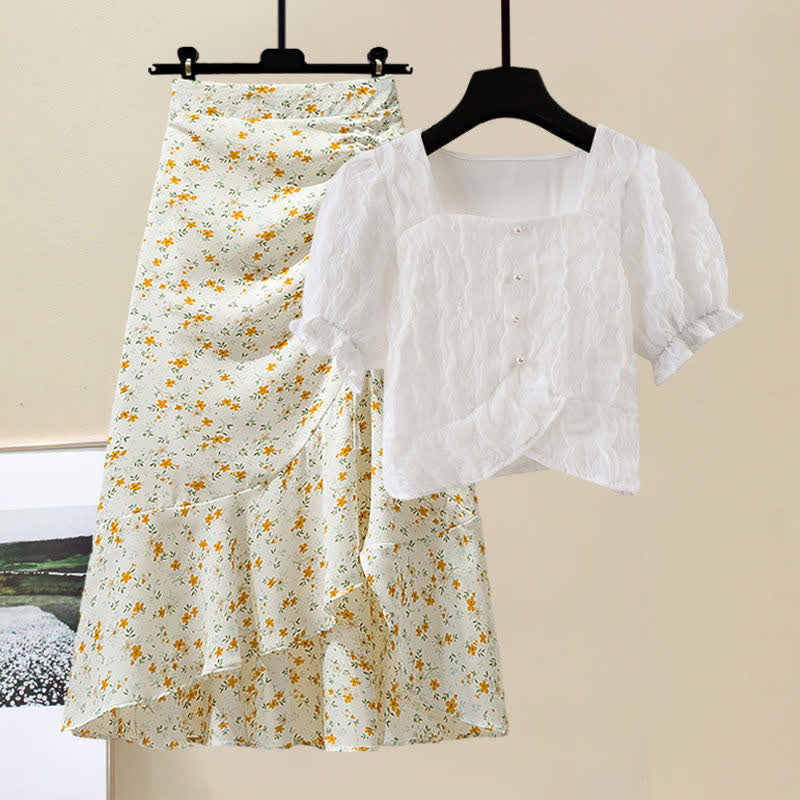 Sqaure Collar Pure Color T-Shirt Floral Print Skirt Set