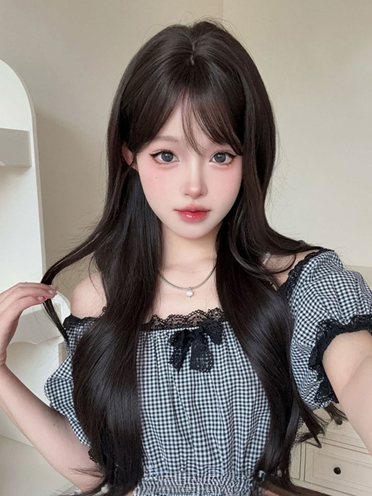 Wig Tea Length Bangs With Curtain 73CM Black Wavy