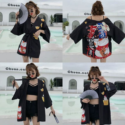 Cardigan imprimé lettre Lucky Cat Kimono Vêtements d'extérieur