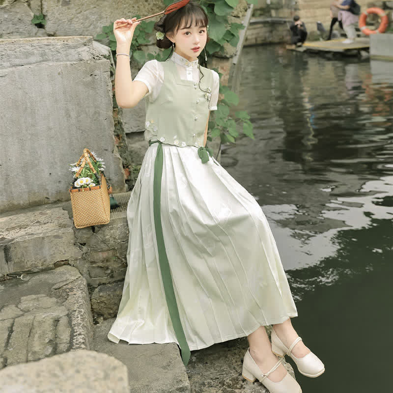 Vintage Vest Chiffon T-Shirt Pleated Skirt