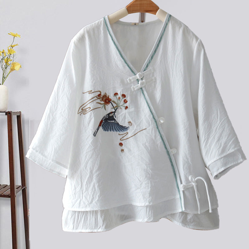 Vintage Bird Embroidery Buckle Shirt