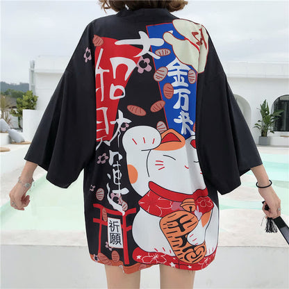 Cardigan imprimé lettre Lucky Cat Kimono Vêtements d'extérieur