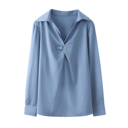 Elegant Pure Color Ruffled Satin Shirt Workwear