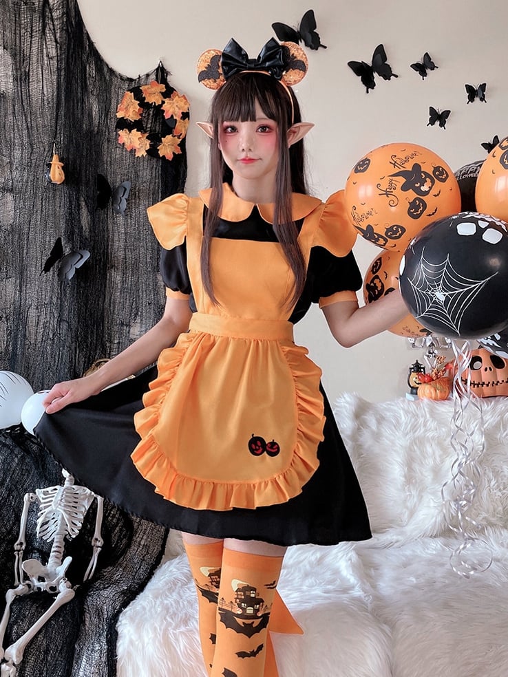 Halloween Black and Orange Pumpkin Maid Dress Costume