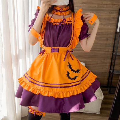 Cute Bat Embroidery Lace Up Ruffled Maid Dress