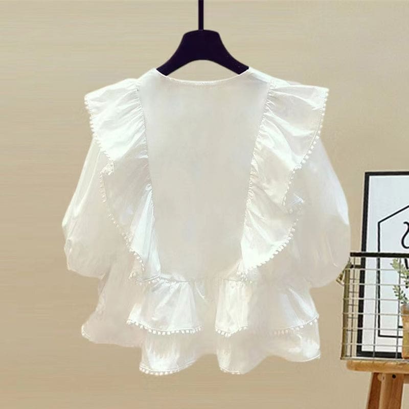 Elegant V-neck Flouncing Shirt High Waist Shorts