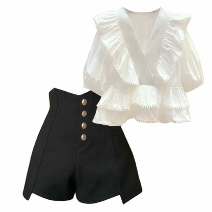 Elegant V-neck Flouncing Shirt High Waist Shorts