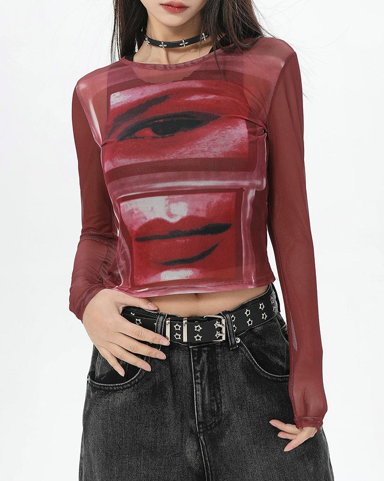 Eye and Lips Print Mesh Red Top