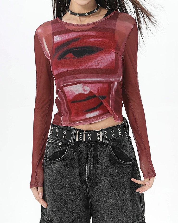 Eye and Lips Print Mesh Red Top