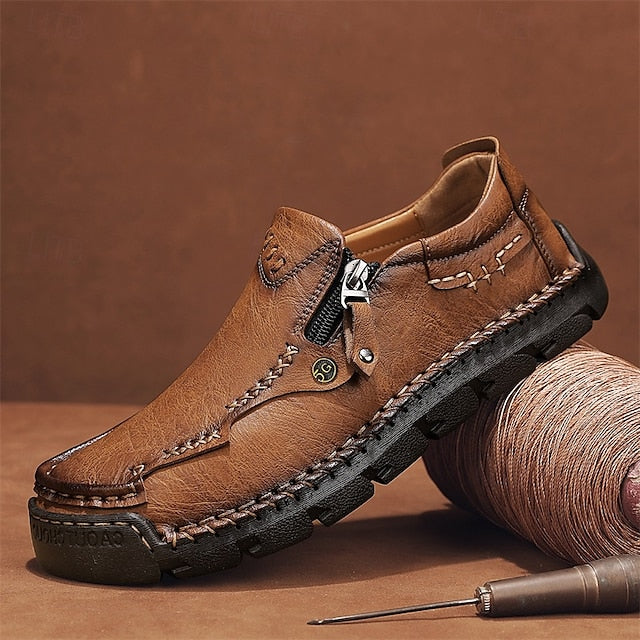 Side Brown Leather Men's Loafers Faux with Slip-On Zipper