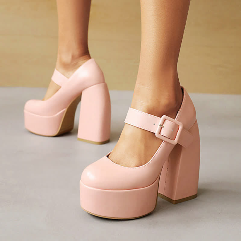 Pure Color Chunk High Heel Mary Janes Shoes