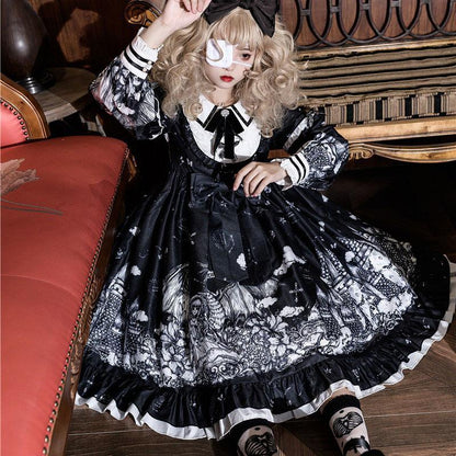 Y2K Gothic Print Bow Ruffle Doll Collar Lolita Dress