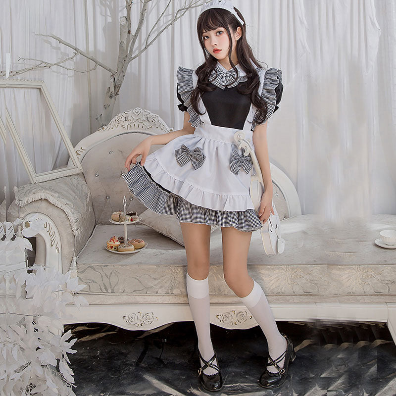 Kawaii Plaid Bow Tie Lolita Maid Ruffle Costume Dress