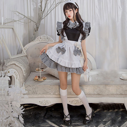 Kawaii Plaid Bow Tie Lolita Maid Ruffle Costume Dress