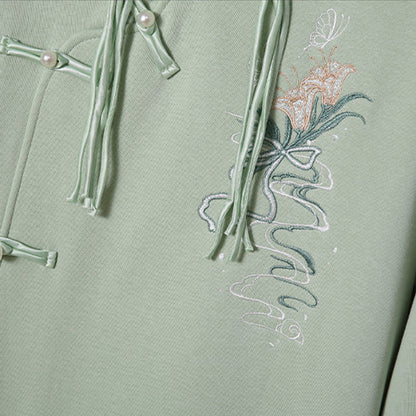 Delicate Flower Embroidery Buckle Plush Hooded Sweatshirt Dress