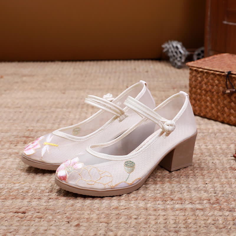 Vintage Floral Embroidery Mesh High Heel Shoes
