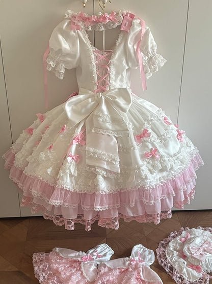 Princess Detachable with White High Sleeves Waist Accents Sweet Lolita Pink Dress Bow