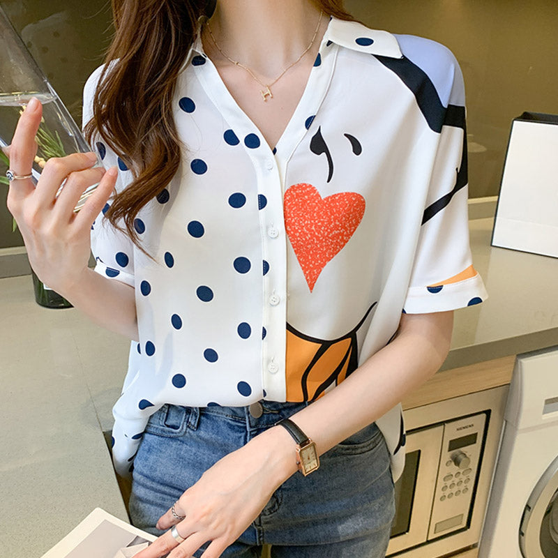 Heart Polka Dots Print Blouse Workwear