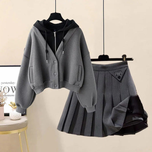 Colorblock Pocket Hoodie Pleated Skirt Set