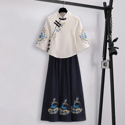 Vintage Hanfu Deer Embroidery Buckle Shirt Skirt