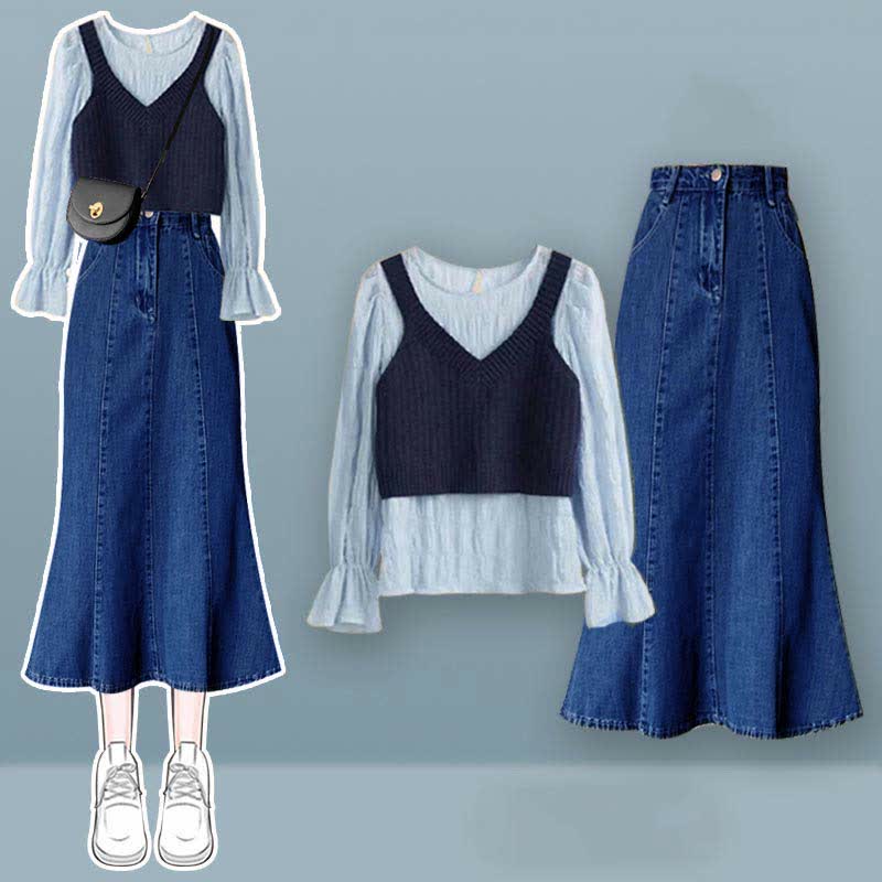 Pure Color Vest Shirt High Waist Fishtail Denim Skirt