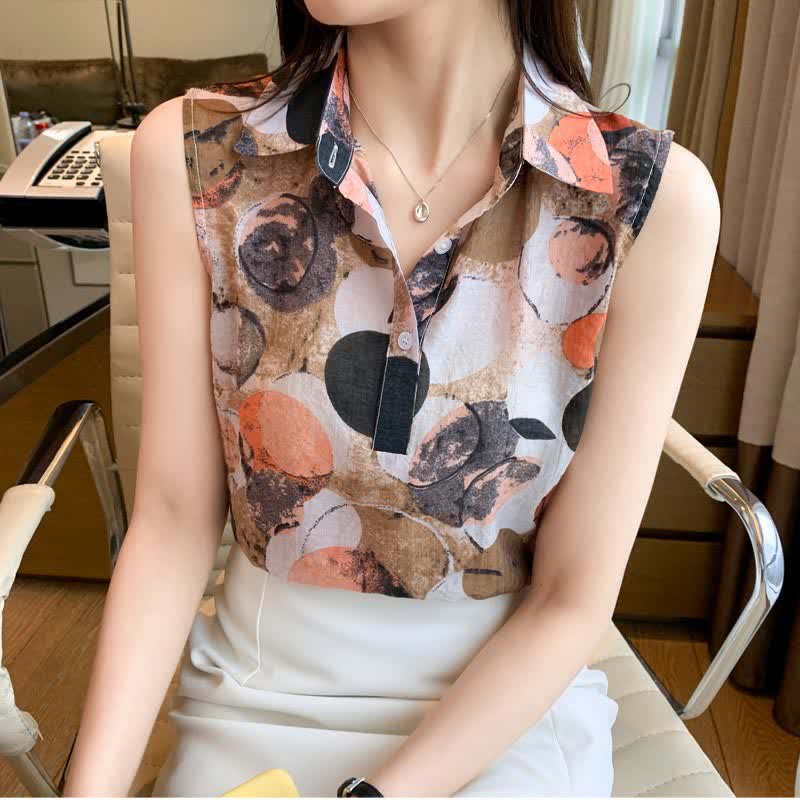 Vintage Floral Print Sleeveless Shirt Workwear