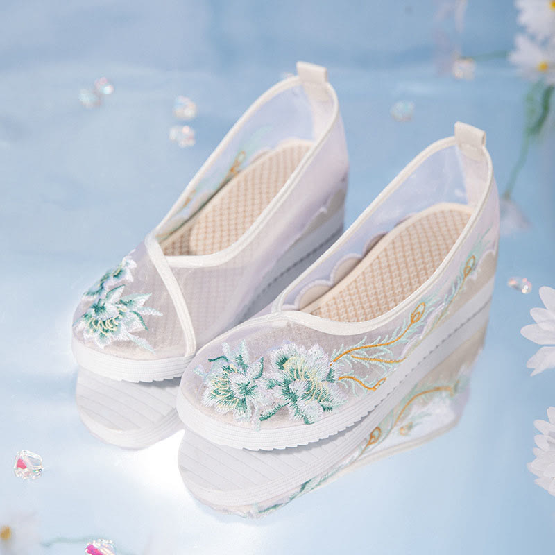 Blue Floral Embroidery Flat Mesh Shoes