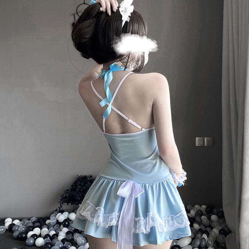 Blue Sexy Maid Lace Bow Stockings Lingerie Dress