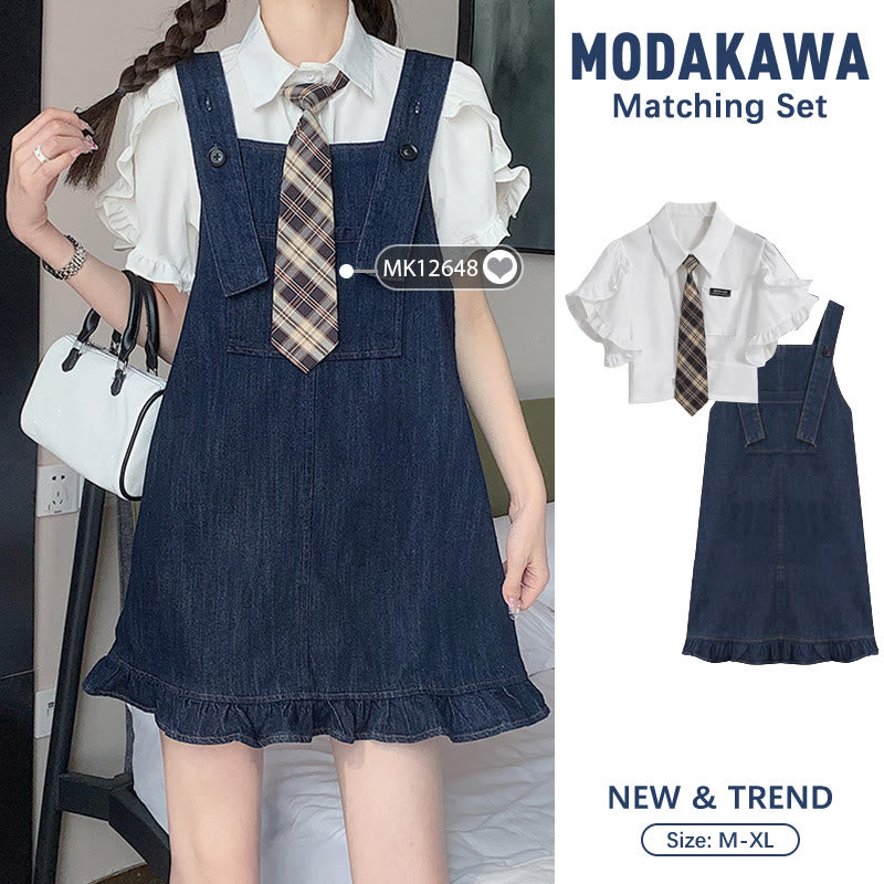 Pocket Lapel Tie T-Shirt Denim Overall Dress Set