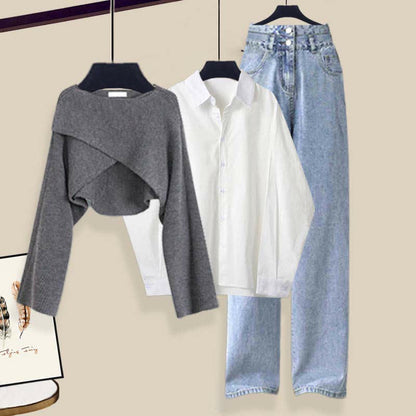 Chic Cross Knit Sweater Lapel Shirt Denim Pants Set