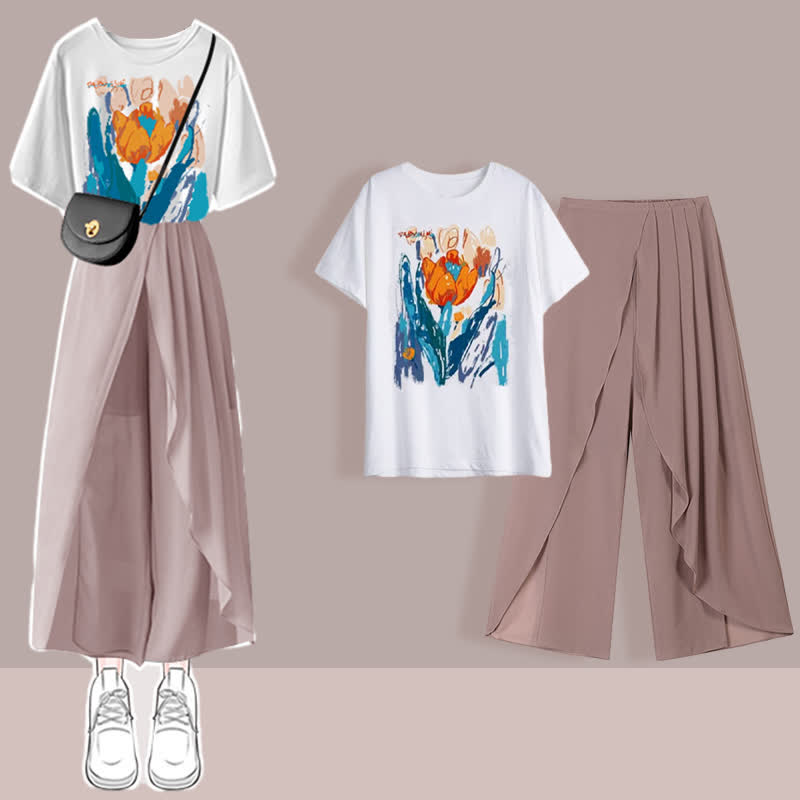 Printed T-Shirt Chiffon Pleated Split Pants Set