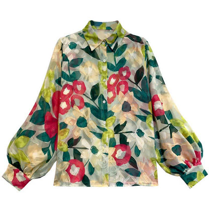 Color Floral Print Puff Sleeve Lapel Shirt Workwear