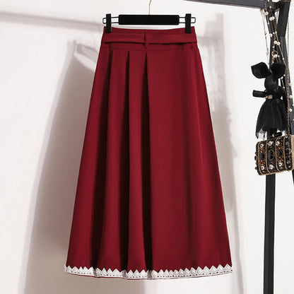 Elegant Pure Color Puff Sleeve T-Shirt Lace Up Pleated Skirt