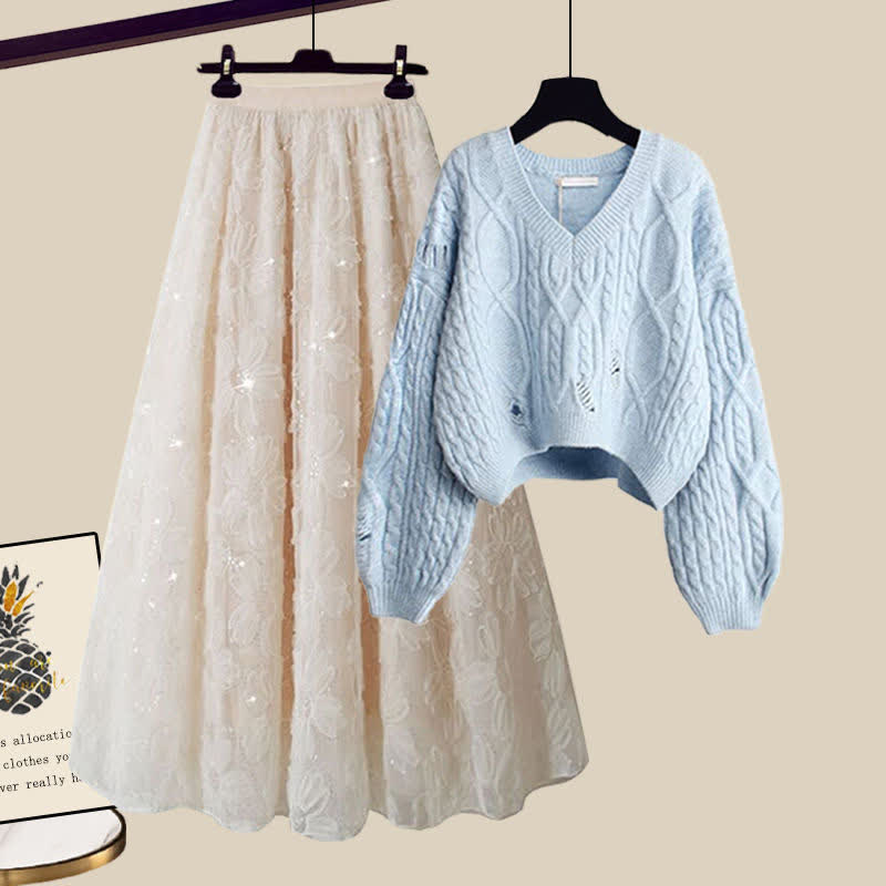 Chic Cable Knit Sweater Flower Pattern Tulle Skirt