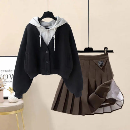 Casual Pocket Hoodie Pleated Skirt Set