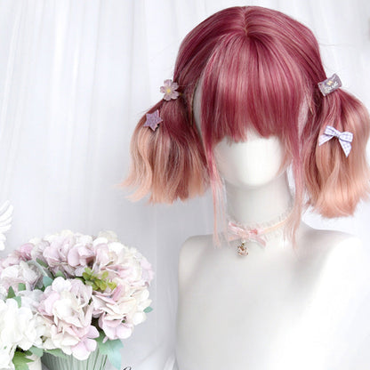 Gradient Pink Short Straight Ponytails Wig With Bangs