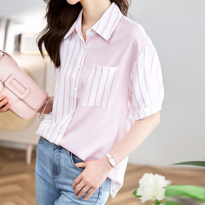 Stripe Print Short Sleeve Lapel Shirt