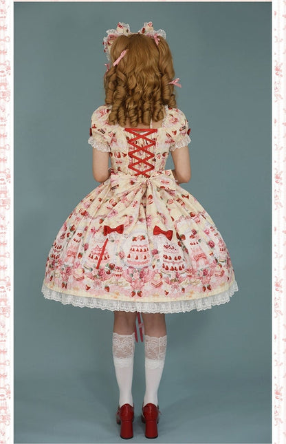 Yellow Sweet Set Lolita Full Strawberry Accents / Dress Print Cake Bow
