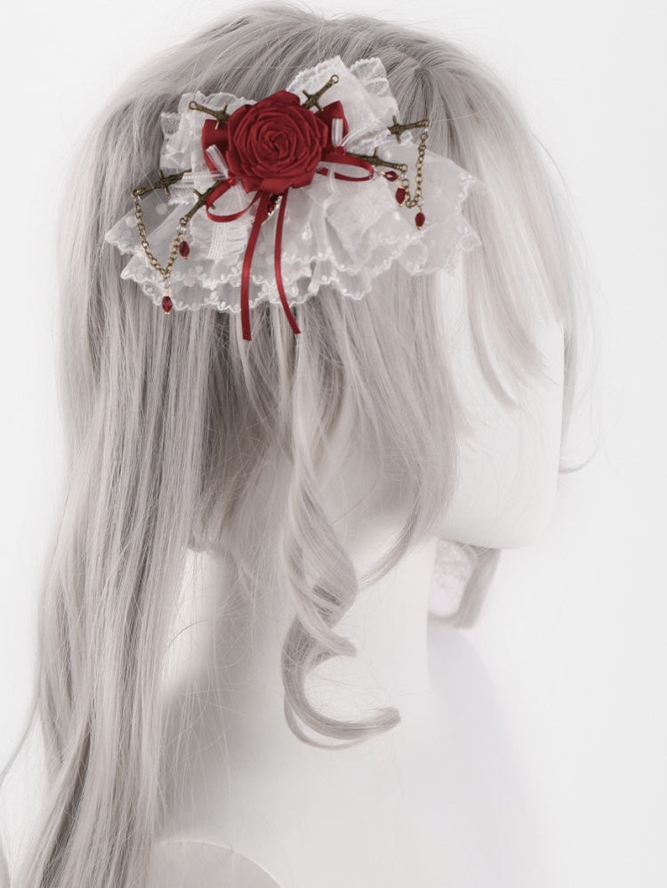 White Lace Red Rosette Bowknot Hairclips