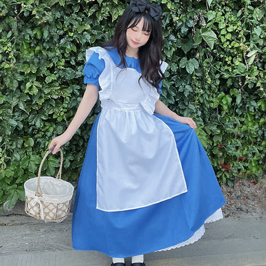 Lolita Blue Lapel Ruffled Maid Long Dress
