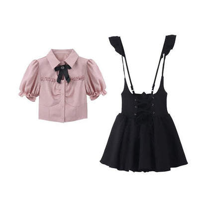 Pink Love Heart Hollow Out Bowknot T-Shirt Lace up Suspender Dress